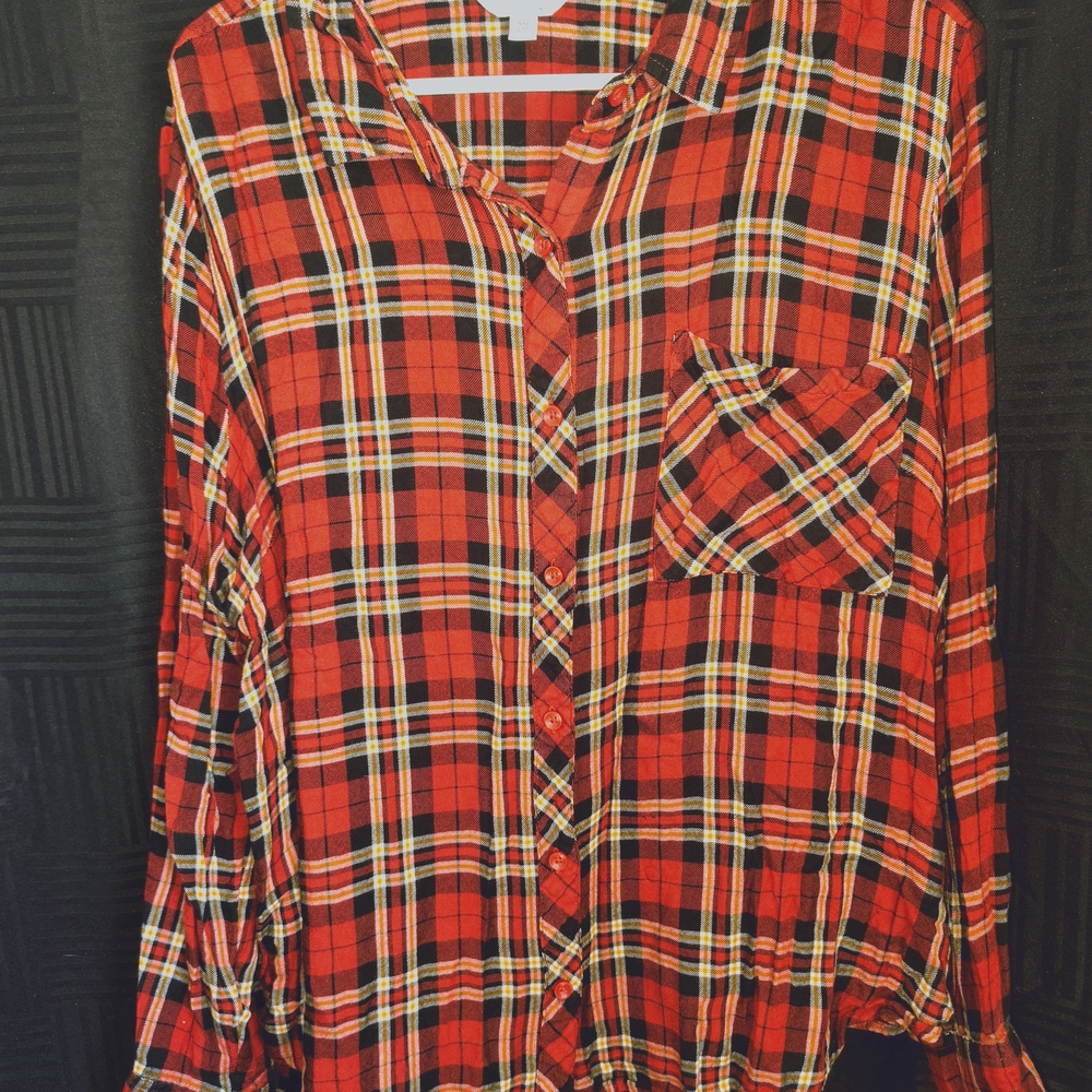 Time and Tru Orange Plaid Button Down Shirt